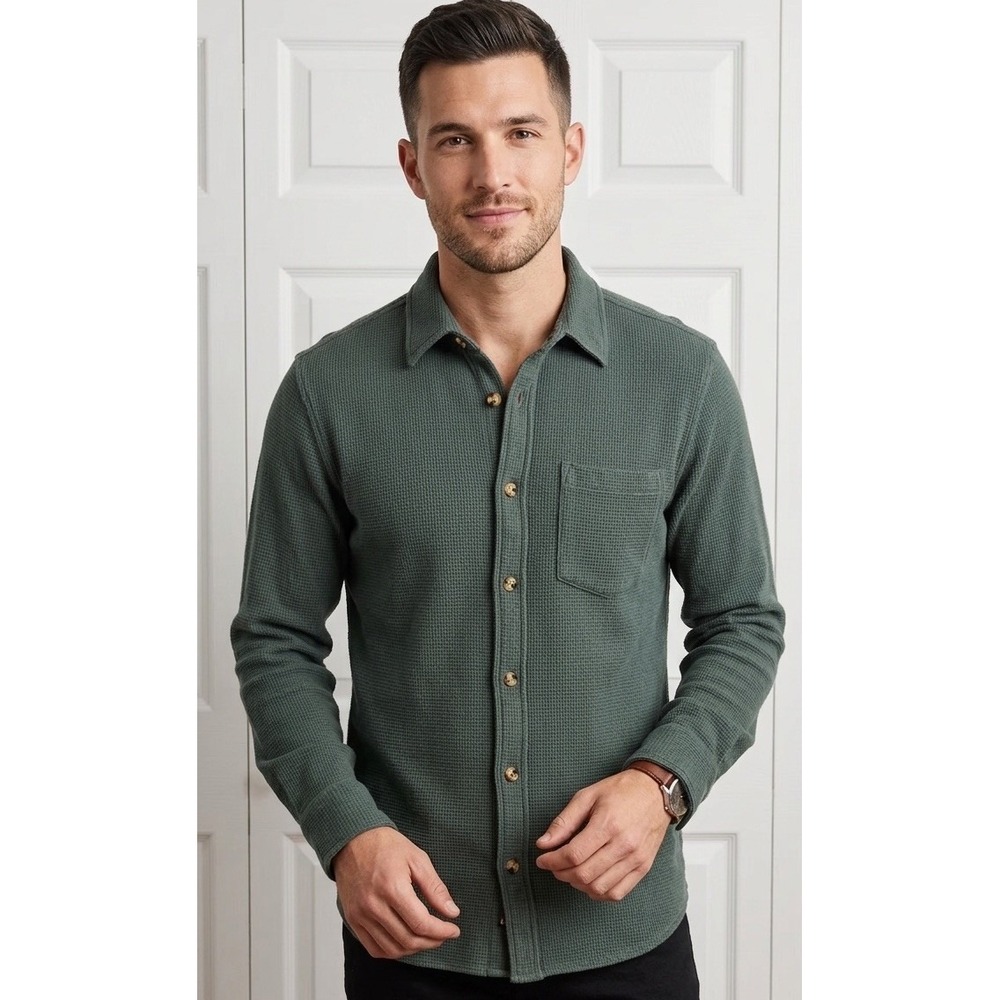 Corridor NYC Waffle Knit Long Sleeve Button Down Shirt - Green - Men's Medium